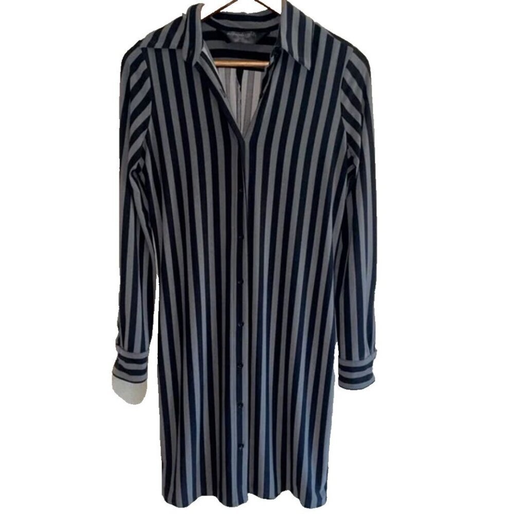 Norma Kamali Shirt Dress Black gray Button Long Sleeve Knee Length Timeless Sz L